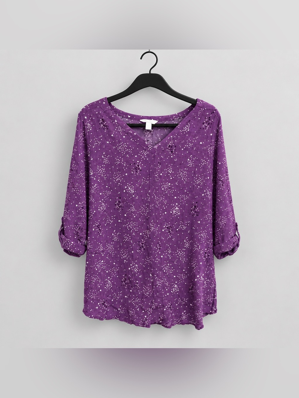 Croft & Barrow 1x purple Ditsy Print Starburst blouse 3/4 Sleeves Textured Look